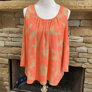 C Women's Orange Abstract Cold Shoulder 3/4 Sleeve Tunic Blouse Top Size L